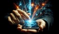 Futuristic digital interface and cybersecurity concept with glowing smartphone HUD Royalty Free Stock Photo