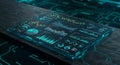 Futuristic digital interface on a dark surface displaying various data visualizations, Royalty Free Stock Photo