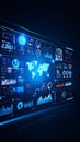 Futuristic digital interface with data visualization and world map display Royalty Free Stock Photo