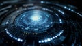 A futuristic digital interface depicting intricate patterns and glowing lights in a circular design