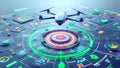 Futuristic Digital Interface Display with a Quadcopter Drone and Data Points Representing Advanced Technology, Surveillance, and Royalty Free Stock Photo