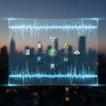 Futuristic digital interface displayed over a blurred city skyline at dusk Royalty Free Stock Photo