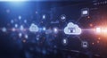 Futuristic digital interface displaying cloud computing network with interconnected Royalty Free Stock Photo