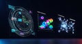Futuristic digital interface displaying complex data analysis, market opportunity and cloud infrastructure Royalty Free Stock Photo