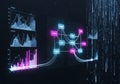 Digital flowchart and data analytics visualization with glowing nodes on dark background Royalty Free Stock Photo