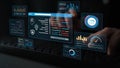 Futuristic Digital Interface Displaying Data Analytics with Charts, Graphs, and Code on a Keyboard Background for Royalty Free Stock Photo