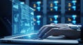 Futuristic digital interface displaying data and user profiles accessed by a person typing on a laptop Royalty Free Stock Photo
