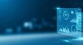 Futuristic digital interface displaying financial charts and global data analytics on a dark blue background Royalty Free Stock Photo