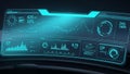 Futuristic digital interface displaying financial data charts graphs and statistics in glowing cyan Royalty Free Stock Photo