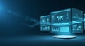 Futuristic digital interface displaying global data analytics and financial charts on a dark blue background with Royalty Free Stock Photo