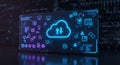Futuristic digital interface displaying a glowing cloud icon with up and down arrows, Royalty Free Stock Photo