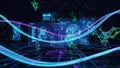 Futuristic digital interface with glowing geometric shapes, data streams, and network connections on a dark background Royalty Free Stock Photo