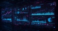 Futuristic digital interface displaying multiple data visualizations. Screens feature Royalty Free Stock Photo