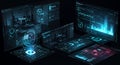 Futuristic digital interface displaying multiple holographic screens. Features