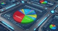 Futuristic digital interface displaying pie charts with data and graphs, representing analytics Royalty Free Stock Photo