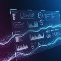 Futuristic digital interface displaying various data analytics, including line graphs, bar Royalty Free Stock Photo
