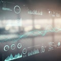 A futuristic digital interface displaying various data visualizations, including bar Royalty Free Stock Photo