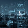 Futuristic digital interface displaying various data visualizations, including line graph Royalty Free Stock Photo