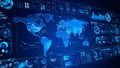 Futuristic digital interface displaying a world map with data visualizations. Royalty Free Stock Photo