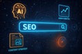 Digital AI brain and search engine interface with SEO and content strategy icons artificial intelligence Royalty Free Stock Photo