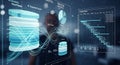 Futuristic digital interface displays complex data analytics, charts, and project timelines Royalty Free Stock Photo