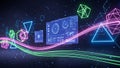 Futuristic Digital Interface with Geometric Shapes and Neon Light Streams technology data Royalty Free Stock Photo