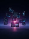 Futuristic digital interface displays with data visualizations and circular graphs floating in a dark, glowing environment Royalty Free Stock Photo