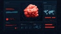 A futuristic digital interface that displays data visualizations, graphs, and 3D red polygonal objects on a dark background. Royalty Free Stock Photo