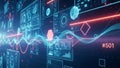 Futuristic digital interface with glowing charts, graphs, and data streams on a dark blue background Royalty Free Stock Photo