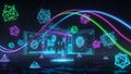 Futuristic digital interface with glowing geometric shapes and data visualizations technology Royalty Free Stock Photo