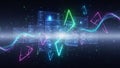 Futuristic digital interface with glowing neon lines and data visualizations on a dark background Royalty Free Stock Photo