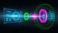 Futuristic Digital Interface with Glowing Octagonal Screens and Data Streams image photo Royalty Free Stock Photo
