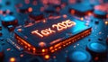 Futuristic digital interface displays glowing text TAX 2025 over circuit board. Data visualization shows financial statistics and Royalty Free Stock Photo