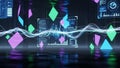 Futuristic digital interface with glowing waveforms, charts, and geometric shapes on a dark reflective surface Royalty Free Stock Photo