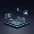 Futuristic digital interface features a dark, rectangular base with glowing blue lines