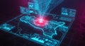Futuristic digital interface with global map, data network, and glowing red elements on dark grid background Royalty Free Stock Photo