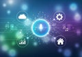 Futuristic digital interface featuring a central glowing blue orb with a microphone symbol, Royalty Free Stock Photo