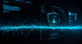 Futuristic digital interface featuring a central shield icon with a padlock symbol,
