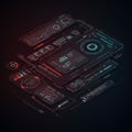 Futuristic digital interface featuring a complex array of holographic panels. Displays