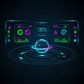 Futuristic digital interface featuring a holographic globe with neon elements Royalty Free Stock Photo