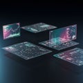 Futuristic digital interface featuring multiple floating transparent screens displaying Royalty Free Stock Photo