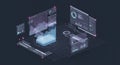 Futuristic digital interface featuring multiple transparent screens displaying variou Royalty Free Stock Photo