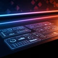 Futuristic digital interface featuring multiple transparent screens displaying various Royalty Free Stock Photo
