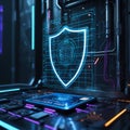 Futuristic digital interface featuring a prominent blue shield hologram, symbolizing cybersecurity. Royalty Free Stock Photo