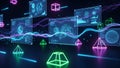 Futuristic digital interface with floating geometric shapes and data visualizations technology Royalty Free Stock Photo