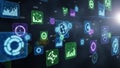 Futuristic digital interface with floating icons and global data visualizations Royalty Free Stock Photo