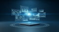 Futuristic digital interface displaying financial charts graphs and data analytics on a glowing platform Royalty Free Stock Photo
