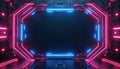 Futuristic digital interface frame with pink and blue neon lights, circuit board elements. Sci fi tunnel portal for virtual Royalty Free Stock Photo