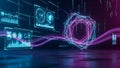Futuristic Digital Interface with Geometric Shapes and Data Streams in Neon Glow technology Royalty Free Stock Photo
