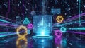 Futuristic Digital Interface with Geometric Shapes and Data Streams in Neon Glow technology Royalty Free Stock Photo
